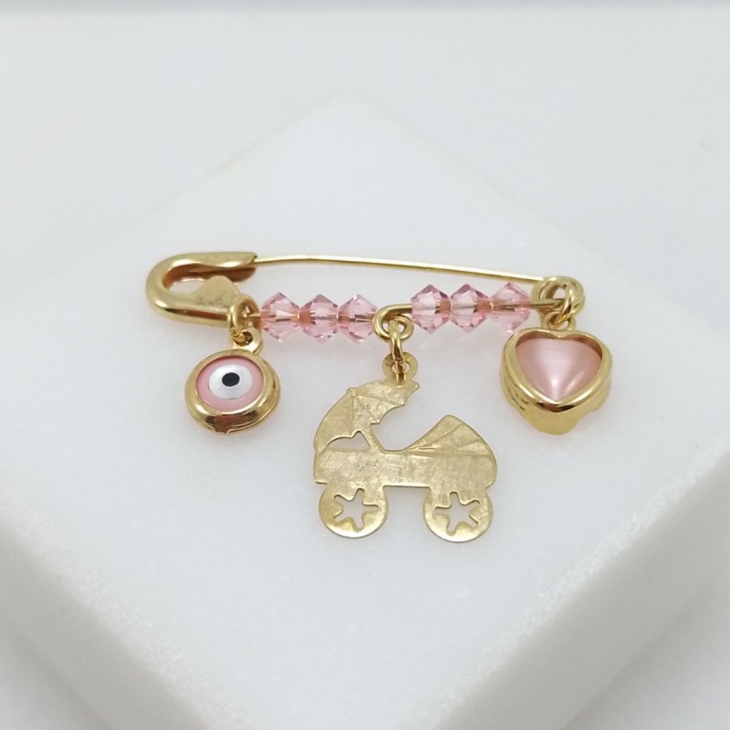 Pin for girls with a baby stroller, a rose eye and a rose heart in K9  Baby Pins