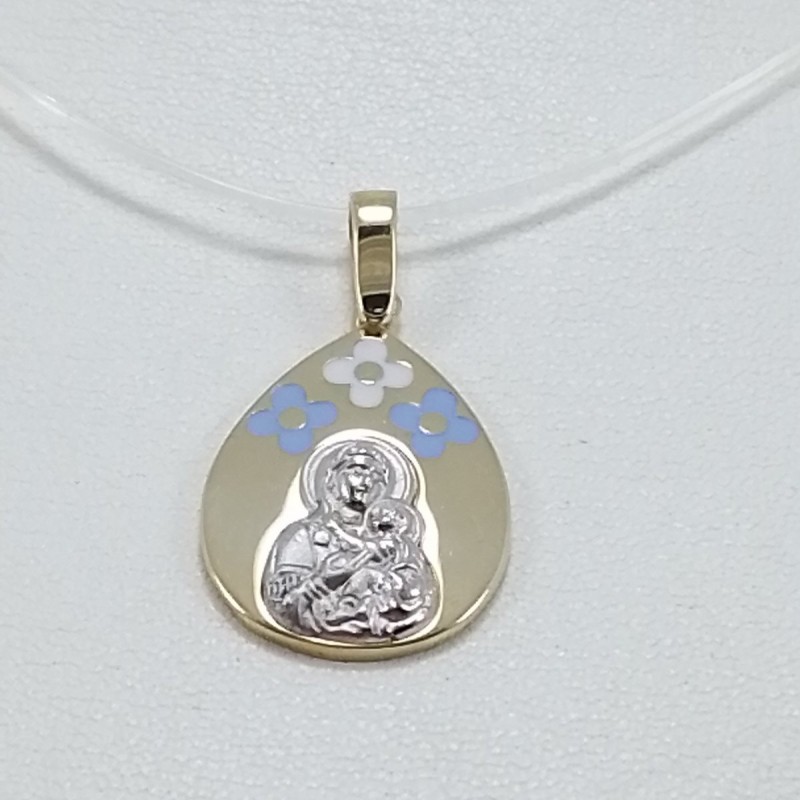 PENDANT with Virgin Mary and Jesus Christ decorated with blue and white enamel in 9 carats Gold Lucky Charms / Constantinata