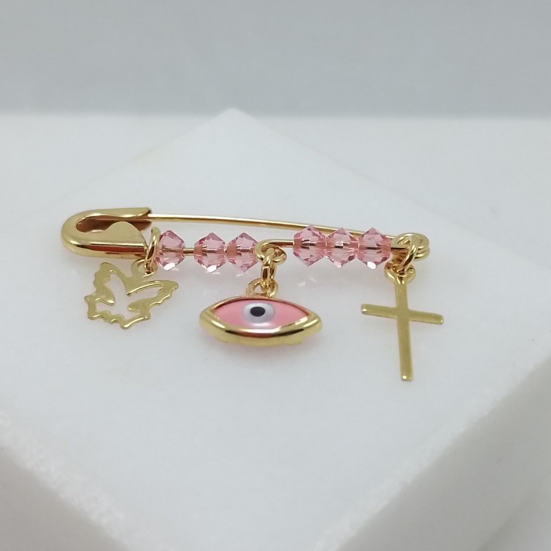 Pin for girls with a rose eye, a butterfly and cross in K9  Baby Pins