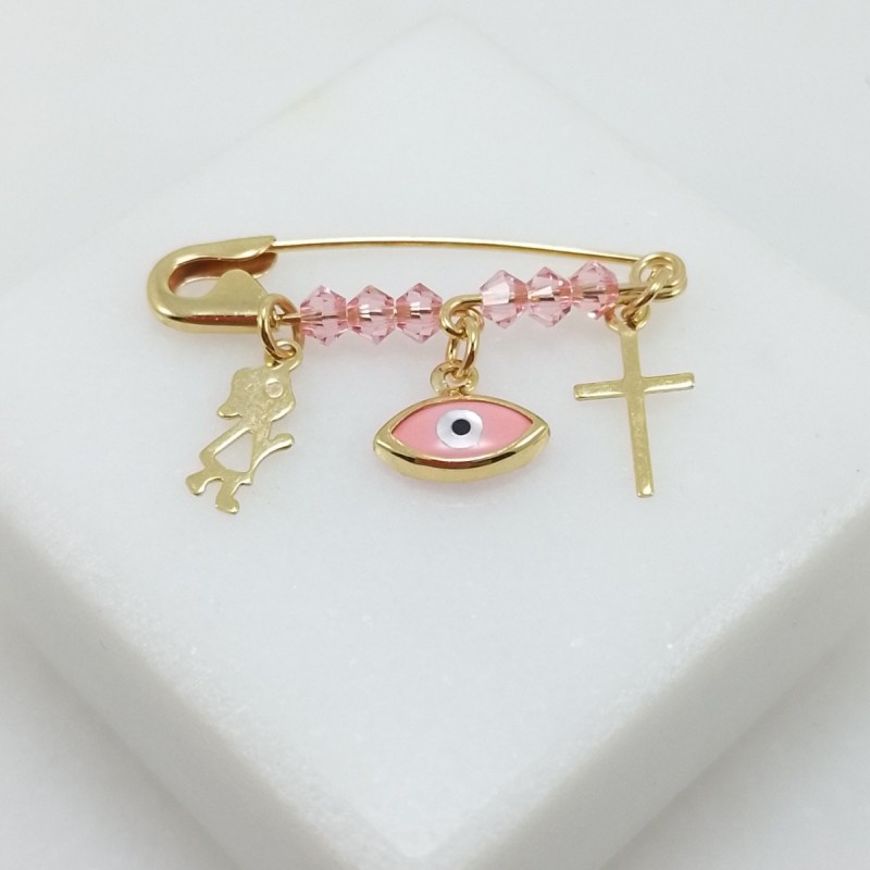 Pin for girls with a rose eye, a girl and a cross in K9  Baby Pins