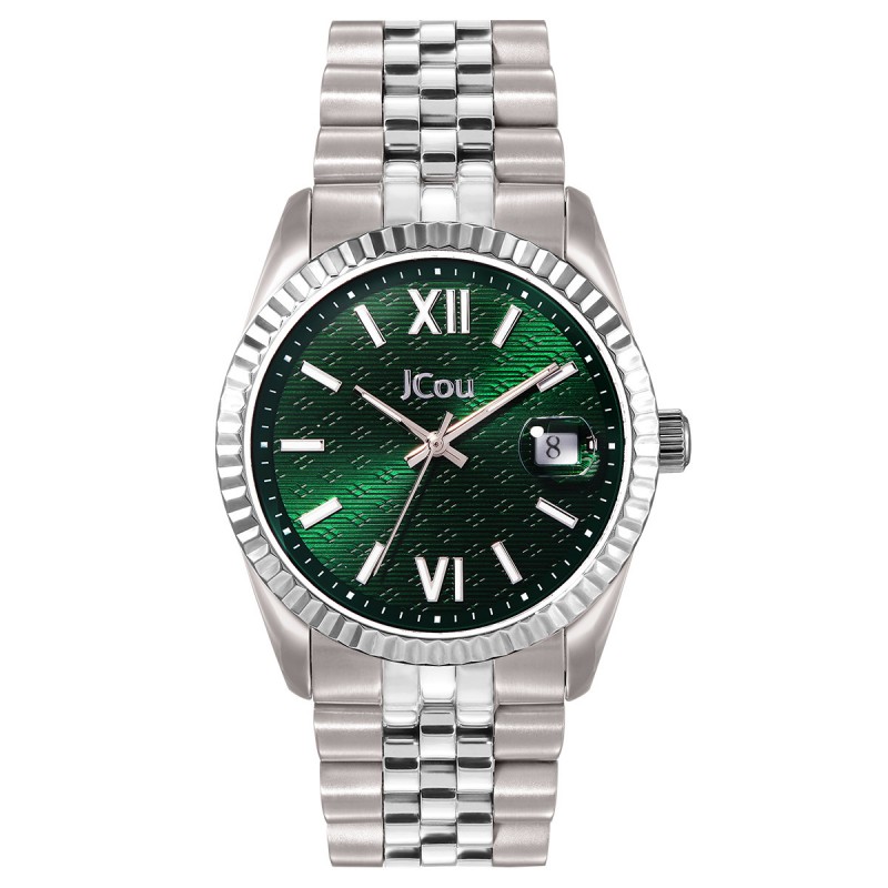 JCou Stainless steel watch with Cypress Green clock face, case diameter 38mm, 10 ATM waterproof, stainless steel bracelet and screw-down crown. Woman