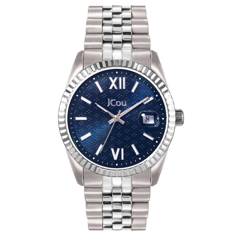 JCou Stainless steel watch with blue clock face, case diameter 38mm, 10 ATM waterproof, stainless steel bracelet and screw-down crown. Woman