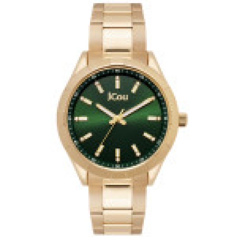 JCou Gold Plated, Stainless steel watch with Cypress Green clock face, case diameter 37mm, 10 ATM waterproof, Gold-Plated stainless steel bracelet and screw-down crown. Woman
