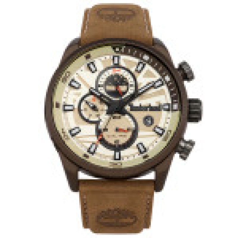 Timberland brown aluminum watch with off white clock face, case diameter 46mm, 5 ATM waterproof and brown genuine leather strap. Man
