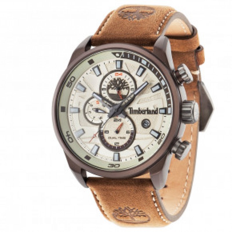 Timberland brown aluminum watch with off white clock face, case diameter 46mm, 5 ATM waterproof and brown genuine leather strap. Man