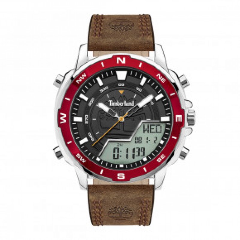 Timberland Stainless steel watch with black clock face and red perimeter, case diameter 49,5mm, 5 ATM waterproof and brown genuine leather strap. Man