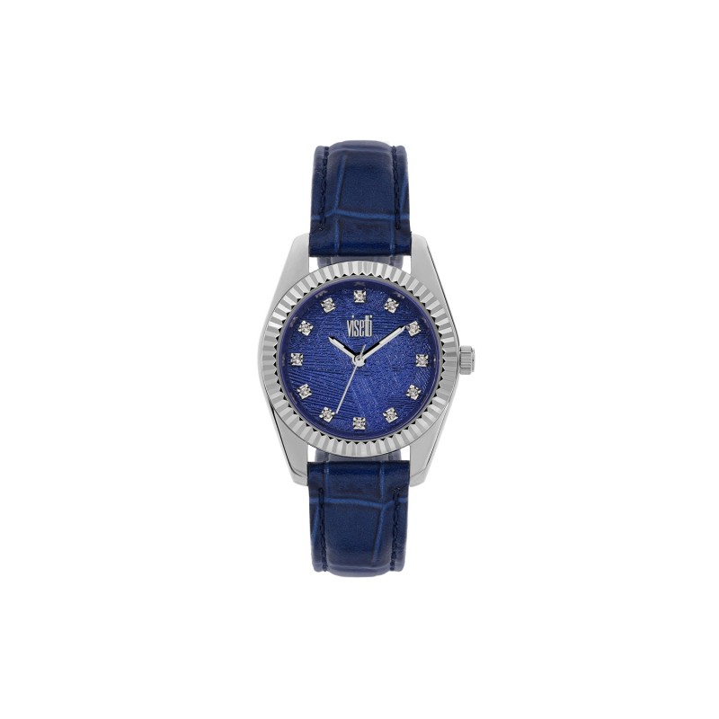 Visetti Stainless steel watch with blue clock face, case diameter 32mm, 5 ATM waterproof and blue genuine leather strap. Woman