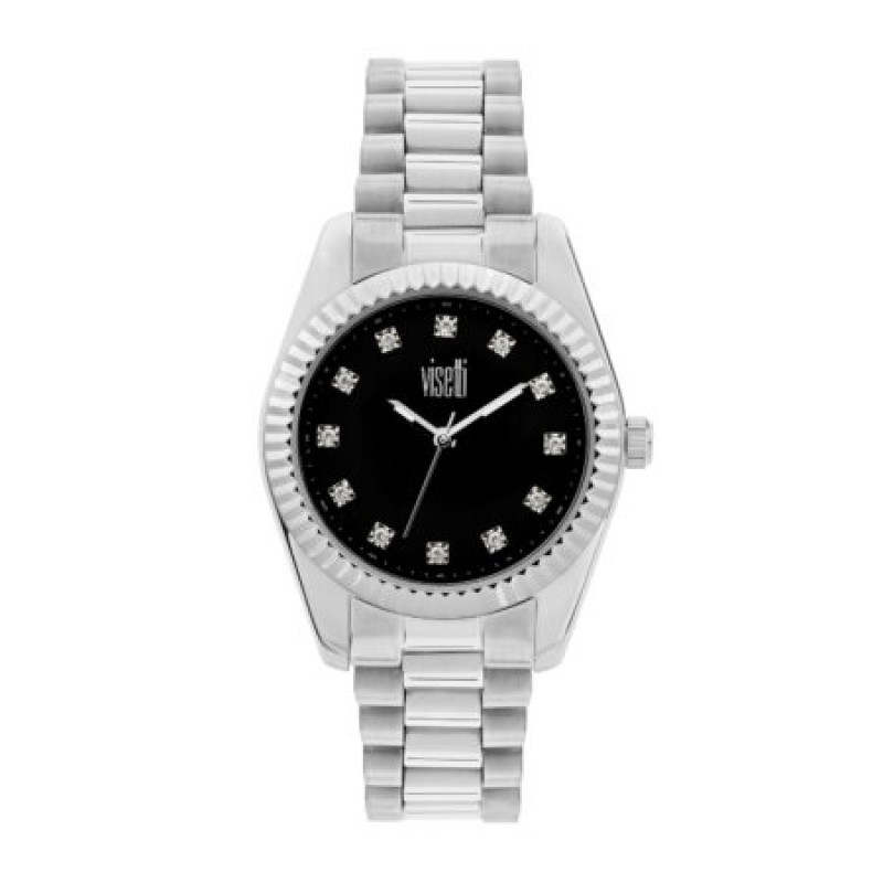 Visetti Stainless steel watch with black clock face, case diameter 32mm, 5 ATM waterproof and stainless steel bracelet. Woman