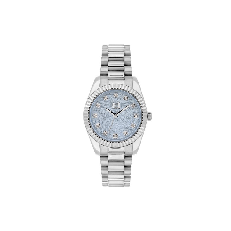Visetti Stainless steel watch with light blue clock face, case diameter 32mm, 5 ATM waterproof and stainless steel bracelet. Woman